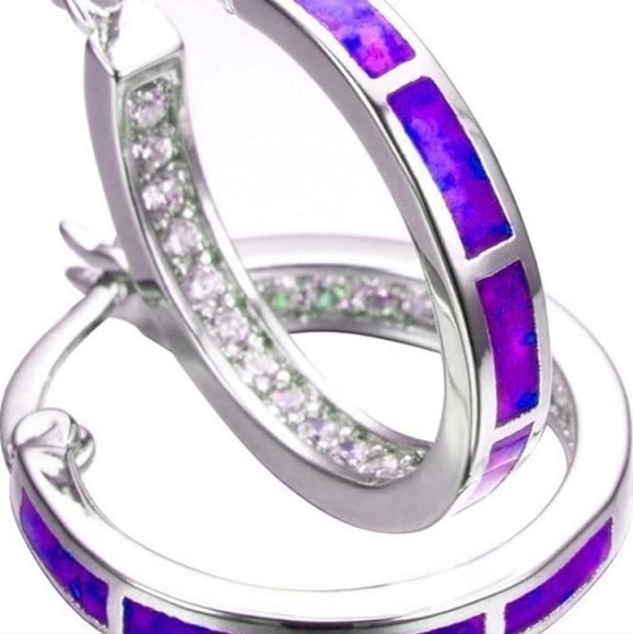 Purple Simulated Opal Hoop Earring with Siver Overlay - Picture 5 of 5